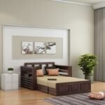 Solid Sheesham Wood 2 Seater Sofa Cum Bed with Side Pockets Multipurpose Decorative Furniture for Living Room Bedroom Home Office - Walnut Finish