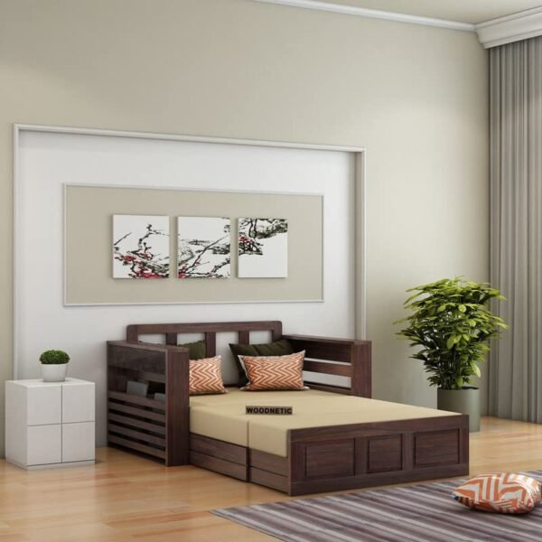 Solid Sheesham Wood 2 Seater Sofa Cum Bed with Side Pockets Multipurpose Decorative Furniture for Living Room Bedroom Home Office - Walnut Finish