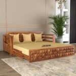 Solid Sheesham Wood 3 Seater Sofa Cum Bed with Storage and Side Pockets for Living Room Wooden Furniture Sofa Bed for Home (Natural Teak Finish)