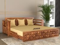 Solid Sheesham Wood 3 Seater Sofa Cum Bed with Storage and Side Pockets for Living Room Wooden Furniture Sofa Bed for Home (Natural Teak Finish)