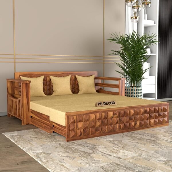 Solid Sheesham Wood 3 Seater Sofa Cum Bed with Storage and Side Pockets for Living Room Wooden Furniture Sofa Bed for Home (Natural Teak Finish)
