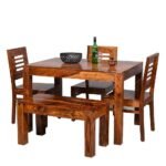 Solid Sheesham Wood Dining Table Set 4 Seater | Four Seater Dining Table 4 Seater with 3 Chairs & 1 Bench for Living Room | 4 Seater Dining Set for Hotel and Restaurant | Honey