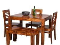 Solid Sheesham Wood Dining Table Set 4 Seater | Four Seater Dining Table 4 Seater with 3 Chairs & 1 Bench for Living Room | 4 Seater Dining Set for Hotel and Restaurant | Honey