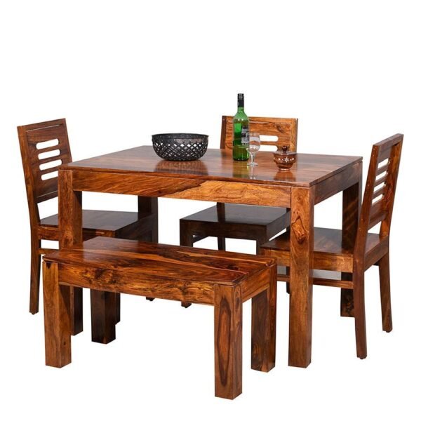 Solid Sheesham Wood Dining Table Set 4 Seater | Four Seater Dining Table 4 Seater with 3 Chairs & 1 Bench for Living Room | 4 Seater Dining Set for Hotel and Restaurant | Honey