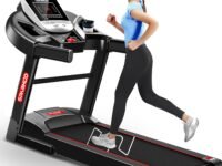 Sparnod Fitness STH-1200 Motorized Treadmill for Home Use, 4 HP Peak DC Motor, Bluetooth,12 km/hr Speed, 110 kg Max User Weight, 12 Preset Workouts, Manual Incline, Hi-Fi Speaker, Safety Key