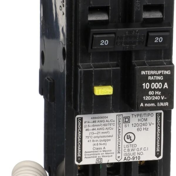 Square D by Schneider Electric Homeline 20 Amp Mini Circuit Breaker, 2 Pole, 120/240V AC, 10kA Breaking Capacity, Plug in Mount, GFCI Class A, Residential Use (‎HOM220GFIC)