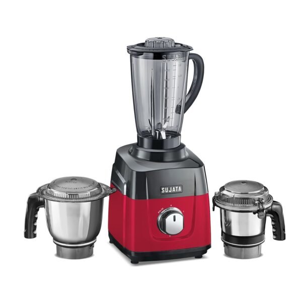Sujata MG01 Mixer Grinder | 1000 Watts Double Ball Bearing Motor | 24000 RPM | Non-Stop 90 Mins Running | 3 Jars including 1750ml Blender, 1000ml Grinder, 500ml Chutney Jar | Red & Black