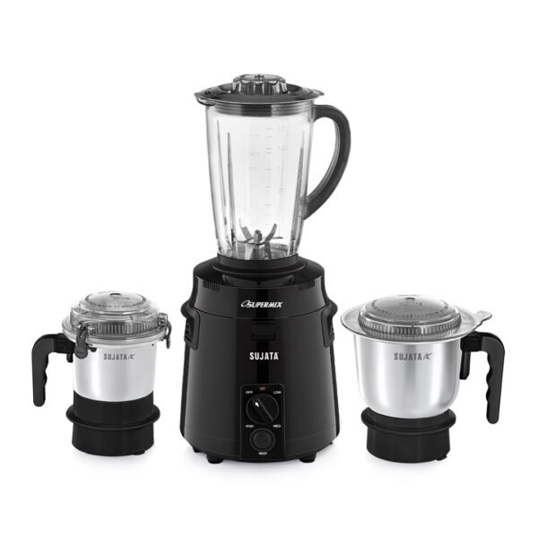 Sujata Supermix Mixer Grinder | 900 Watts Double Ball Bearing Motor | 22000 RPM | Non-Stop 90 Mins Running | 3 Jars including 1750ml Blender, 1000ml Grinder, 500ml Chutney Jar | Black