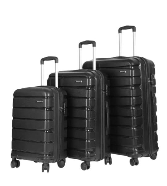 Teakwood Small-Medium-Large 8 Wheels Trolley Bag, Hard Cabin with Zipper Closure, Adjustable Push Button & Cross Side Strap, TSA Lock System 360 Degree (Set of 3, Black)