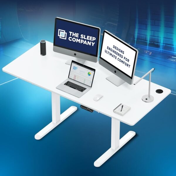 The Sleep Company - Electric Height Adjustable Desk | Ergonomic Work from Home Table | 4 Memory Presets | 2 Years Warranty | 1600 x 700 Thick Top | Free Installation | White & White