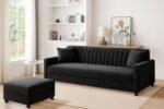 Three Seater Wooden Sofa Set Comfortable Velvet Fabric Sofa Set with Ottoman Stylish & Space-Saving Design for Home & Office Guest Room - Black