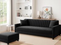 Three Seater Wooden Sofa Set Comfortable Velvet Fabric Sofa Set with Ottoman Stylish & Space-Saving Design for Home & Office Guest Room - Black