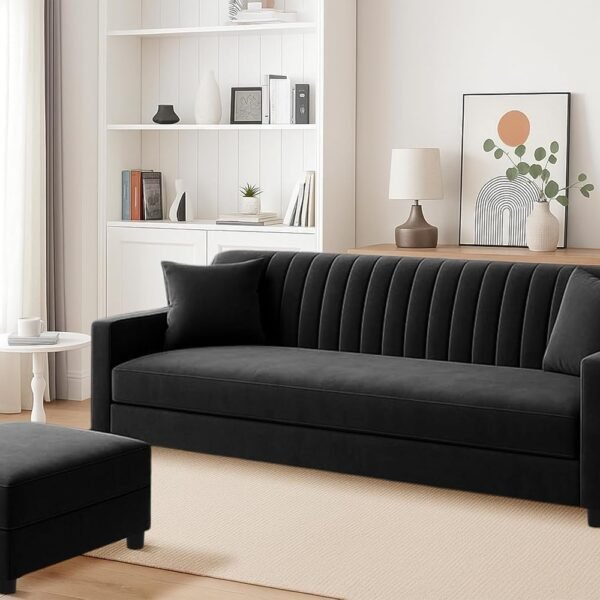 Three Seater Wooden Sofa Set Comfortable Velvet Fabric Sofa Set with Ottoman Stylish & Space-Saving Design for Home & Office Guest Room - Black