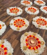 Traditional Floral Floor Rangoli Decorations, White and Pink, Spiral Staircase Display Set (5 PCS)
