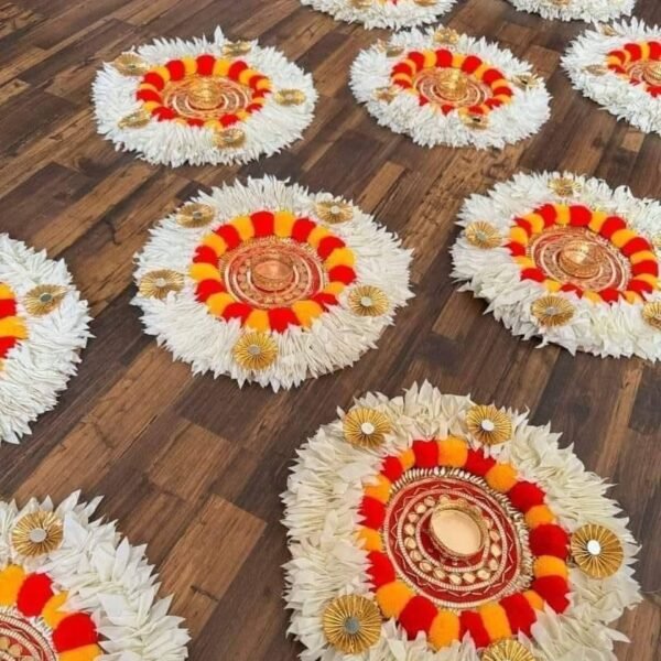 Traditional Floral Floor Rangoli Decorations, White and Pink, Spiral Staircase Display Set (5 PCS)