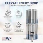 USWF Gravity Fed Water Filter - 2.25 Gal. Stainless Steel w/ 2 Carbon Filters, 2 Fluoride Filters, Portable Countertop Filtration System, Metal Sight Glass Spigot, Stand, NSF/ANSI 372 Certified