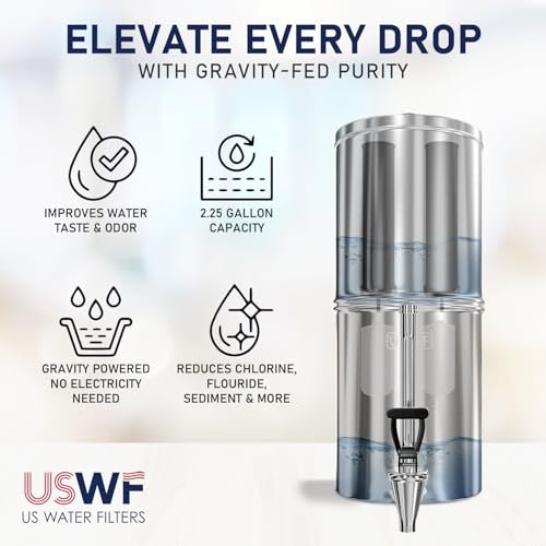 USWF Gravity Fed Water Filter - 2.25 Gal. Stainless Steel w/ 2 Carbon Filters, 2 Fluoride Filters, Portable Countertop Filtration System, Metal Sight Glass Spigot, Stand, NSF/ANSI 372 Certified