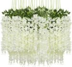 VRB Dec Pack of 6 (43.2Ft) Artificial Wisteria Vine| Ratta Fake Wisteria Hanging | Garland Silk Long Hanging Bush Flowers String for Home Party Wedding Decor (White, 6)