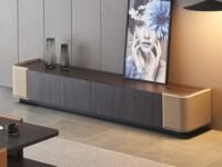 Vandana Interiors 86" Brown TV Stand Faux Leather Upholstery Media Console