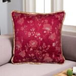 Velvet Jacquard Decorative Floral Cushion Cover 12 Inch x 12 Inch with Shimmering Glitter Design & Lace Border, Festive Design (12X12 Inches, Mehroon Red, Set of 1)