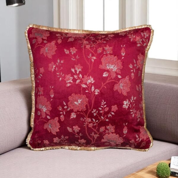 Velvet Jacquard Decorative Floral Cushion Cover 12 Inch x 12 Inch with Shimmering Glitter Design & Lace Border, Festive Design (12X12 Inches, Mehroon Red, Set of 1)
