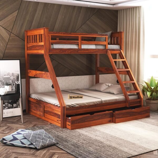 WOODSTAGE Sheesham Wood Bunk Bed with 2 Drawer Storage | Wooden Twin Over Bed with Ladder for Bedroom Living Room Home (Honey Finish)