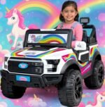 Wishmaster Limited Edition Kids Ride-On Car for Girls with Unicorn Body Graphics, Battery Operated Electric SUV Toy with Music, Lights & Remote Control – White, Pink & Rainbow Design
