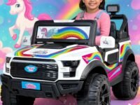 Wishmaster Limited Edition Kids Ride-On Car for Girls with Unicorn Body Graphics, Battery Operated Electric SUV Toy with Music, Lights & Remote Control – White, Pink & Rainbow Design