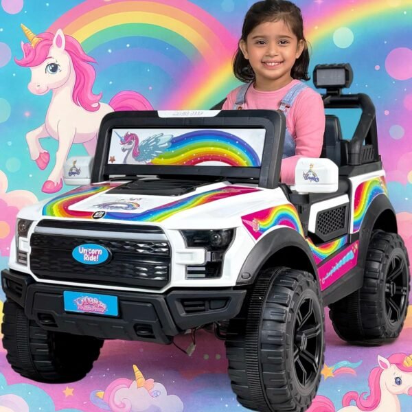 Wishmaster Limited Edition Kids Ride-On Car for Girls with Unicorn Body Graphics, Battery Operated Electric SUV Toy with Music, Lights & Remote Control – White, Pink & Rainbow Design