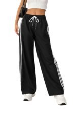 Women Track Pant | Women's Wide Leg Track Pants High Waist Drawstring Sweatpants with Side Stripes, Casual Loose Fit Lounge Joggers, Dark Grey
