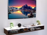 Wooden Wall Mounted TV Unit, Cabinet, with TV Stand Unit Wall Shelf for Living Room/Engineered Wood TV Entertainment Unit Set Top Box Stand/TV Cabinet (90 CM Brown-White)