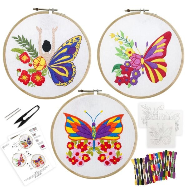picknMAKE Cross Stitch Embroidery Kit Combo Pack for Beginners & Adults - Includes 3 Unique Designs, Hoop, Printed Fabric, Threads, Needles, Cutter, and Instructions -Craft Hobby, Multicolor