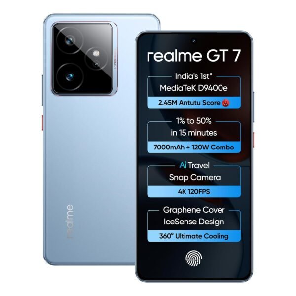 realme GT 7 (IceSense Blue,12GB+512GB) | India's 1st MediaTek Dimensity 9400e Chipset | Strongest Battery Combo 7000mAh + 120W | AI 4K 120FPS Travel Camera | 360° Cooling IceSense Design with Graphene