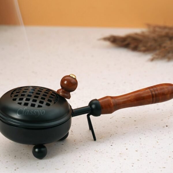 Metal Dhoop Holder with Wooden Handle | Dhup Dani Loban Burner | Sambrani Dhoop Stand | Doopam Sambrani Holder for Puja | Loban Dhuni Burner (3 inch, Black, Round)