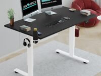 JIN OFFICE Octave Height Adjustable Desk Electric | 80 Kg Wt. Cap, 2 Year Warranty| Standing Desk with Memory Preset, Cup Holder| Stability Crossbar (White Frame | Black Top, 1200 x 750 mm)