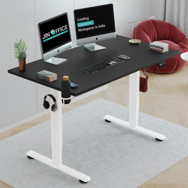 JIN OFFICE Octave Height Adjustable Desk Electric | 80 Kg Wt. Cap, 2 Year Warranty| Standing Desk with Memory Preset, Cup Holder| Stability Crossbar (White Frame | Black Top, 1200 x 750 mm)