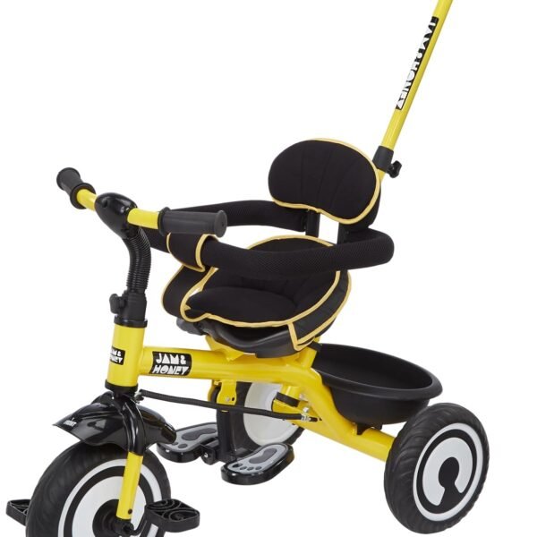 Amazon Brand - Jam & Honey Tricycle for Kids | 2-in-1 with Pedalling and Parental Control Modes | Cushioned Seat | Guardrail & Anti-Slip Handle for Safety | for 2 Years+ Boys and Girls | Yellow