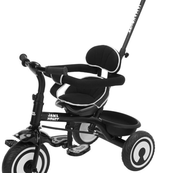 Amazon Brand - Jam & Honey Tricycle for Kids | 2-in-1 with Pedalling and Parental Control Modes | Cushioned Seat | Guardrail & Anti-Slip Handle for Safety | for 2 Years+ Boys and Girls | Black