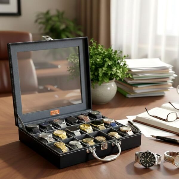 LEDO Men's and Women's Watch Box Holder Organizer Case In 18 Slots of watches In PU Leather with Black & Gray