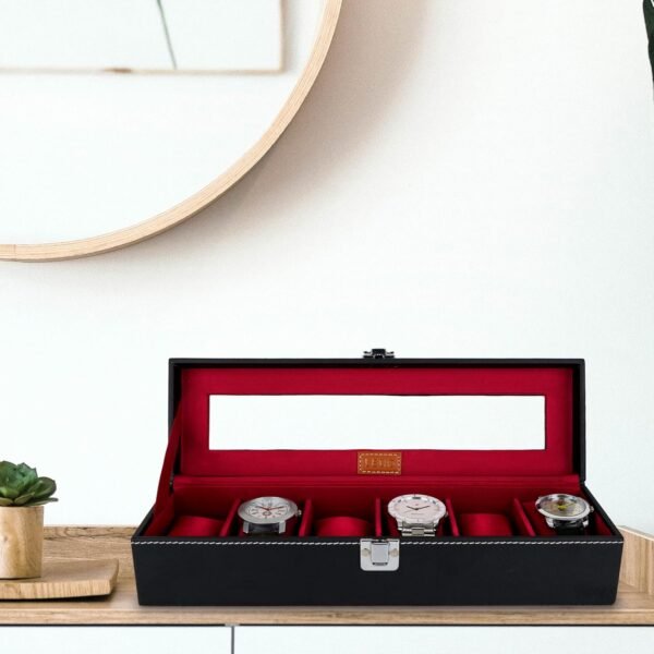 LEDO Watch Box Holder Organizer Case in 6 slots of Watches with Transparent Look Black & Cherry color Velvet