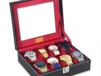 LEDO Men's and Women's Watch Box Holder Organizer Case In 8 Slots of Watches In PU Leather with Black & Cherry