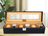 LEDO Watch Box Holder Organizer Case in 6 slots of Watches with Transparent Look Black & Cream color Velvet