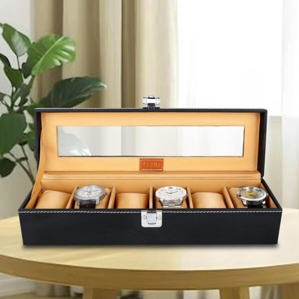 LEDO Watch Box Holder Organizer Case in 6 slots of Watches with Transparent Look Black & Cream color Velvet