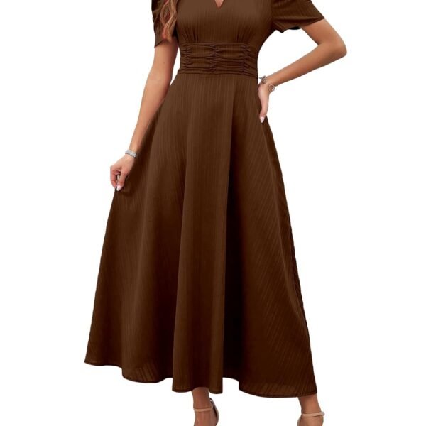 Shasmi Girl's & Women's Solid Color V-Neck A-Line Maxi Dress for Women | New Year Party Outfit | Waist Cinched Puff Sleeve Western | Elegant Casual Wear (Dress 246)