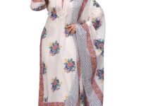 Amayra Women's Pure Cotton Printed Straight Kurta Set with Palazzo Pants & Dupatta- Ethnic Wear, White