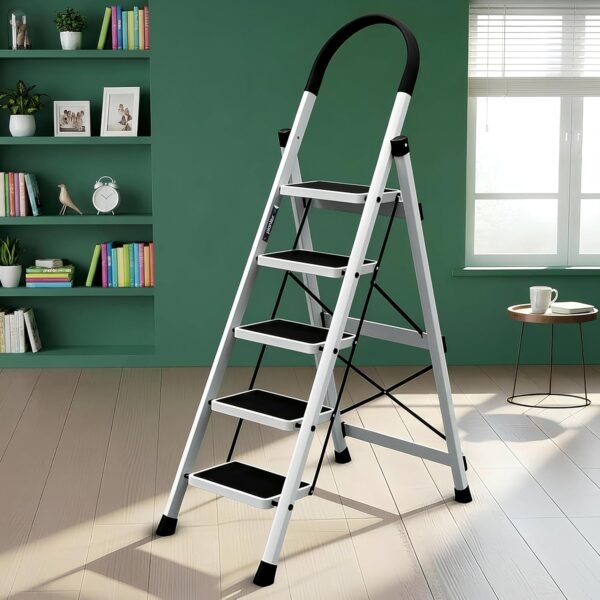 Plantex Ladder for Home 5 Steps/Foldable Ladder with Anti-Skid Wide Steps (30L x 20W cm)/Strong D-Shape Pipe with X-Support for More Stability/5 Year Warranty(Apex-White)