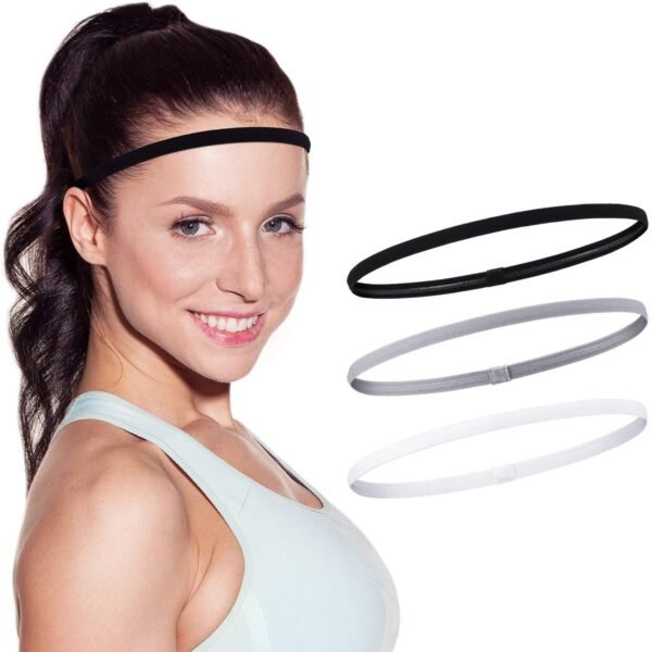3 Pieces Thick and Slim Non-Slip Elastic Sports Headbands - Athletic Skinny Hair Headband for Women, Men, Boys, Girls - Silicone Grip Hairband Mini Stylish Sweat Hair Band (Black, White, Grey)