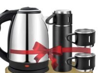 3-in-1 Premium Gift Set – 1.8L Electric Kettle + 500ml Stainless Steel Vacuum Flask + 3 Coffee Mugs – Durable & Elegant Design for Travel, Home, Office and Diwali Gifting
