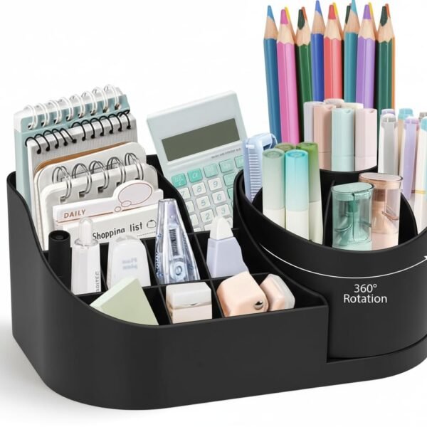 360 Degree Rotating Desk Organizer Makeup Brush Organizers and Pencil Pen Organizers for Desk Desktop Storage Stationery Supplies Cute Pencil Cup Pot for Office School Home (BLACK/)