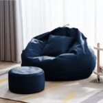 4XL Bean Bag with Footstool & Cushion Ready to Use Filled with Beans | Faux Leather Bean Bag Chair for Home (Navy Blue, XXXL)